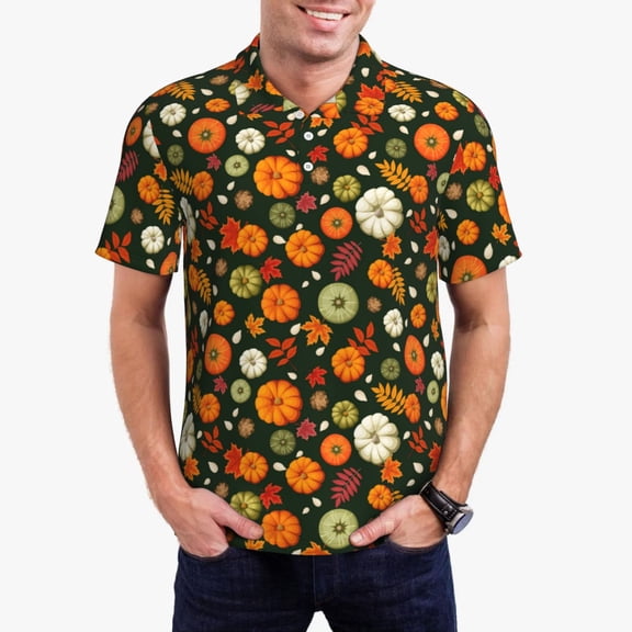 Kdxio Harvest Pumpkins Print Men's Short Sleeve Polo Shirt,Midweight Men's Shirt-Small