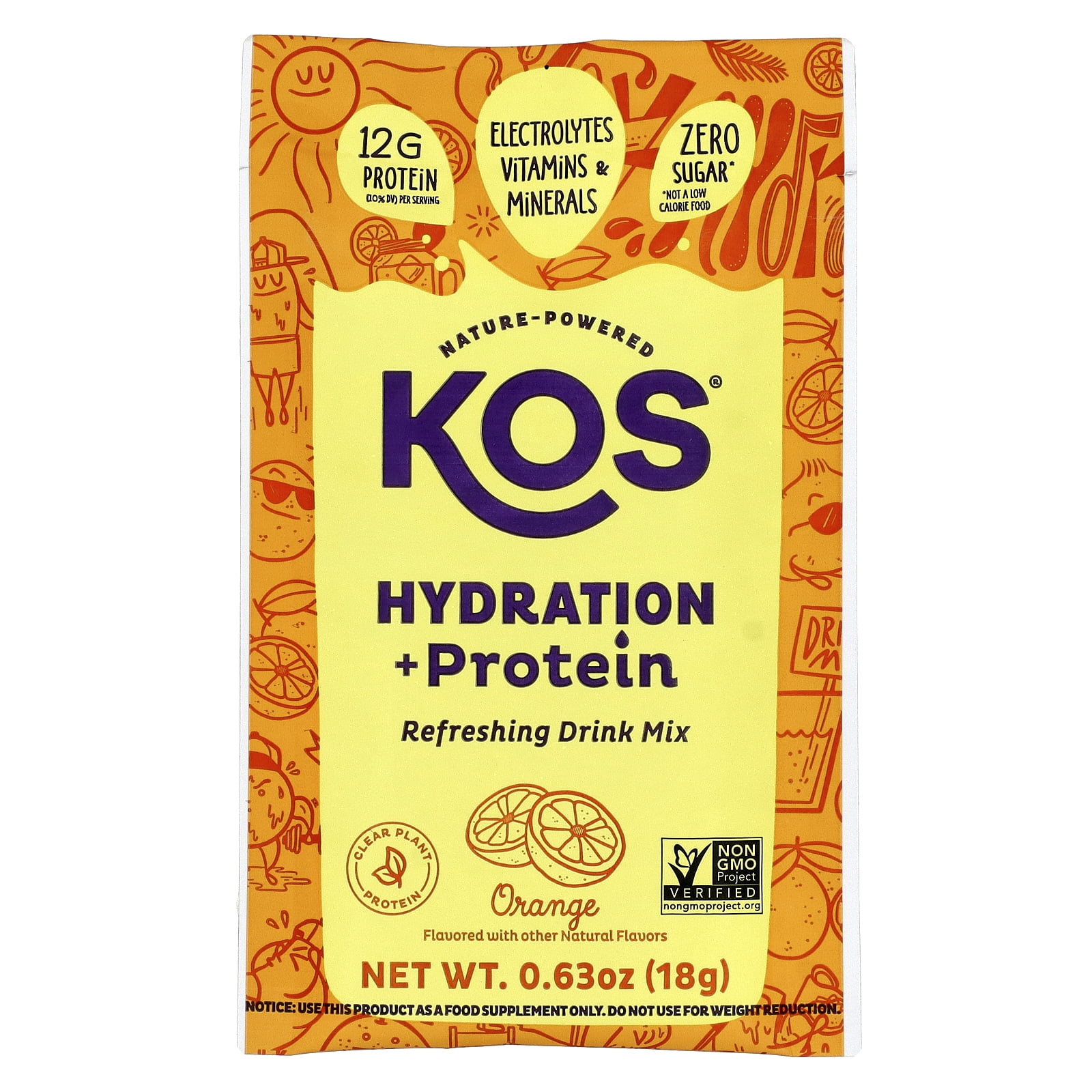 KOS Hydration + Protein, Refreshing Drink Mix, Orange , 7 Packets, 0.65 oz (18 g) Each