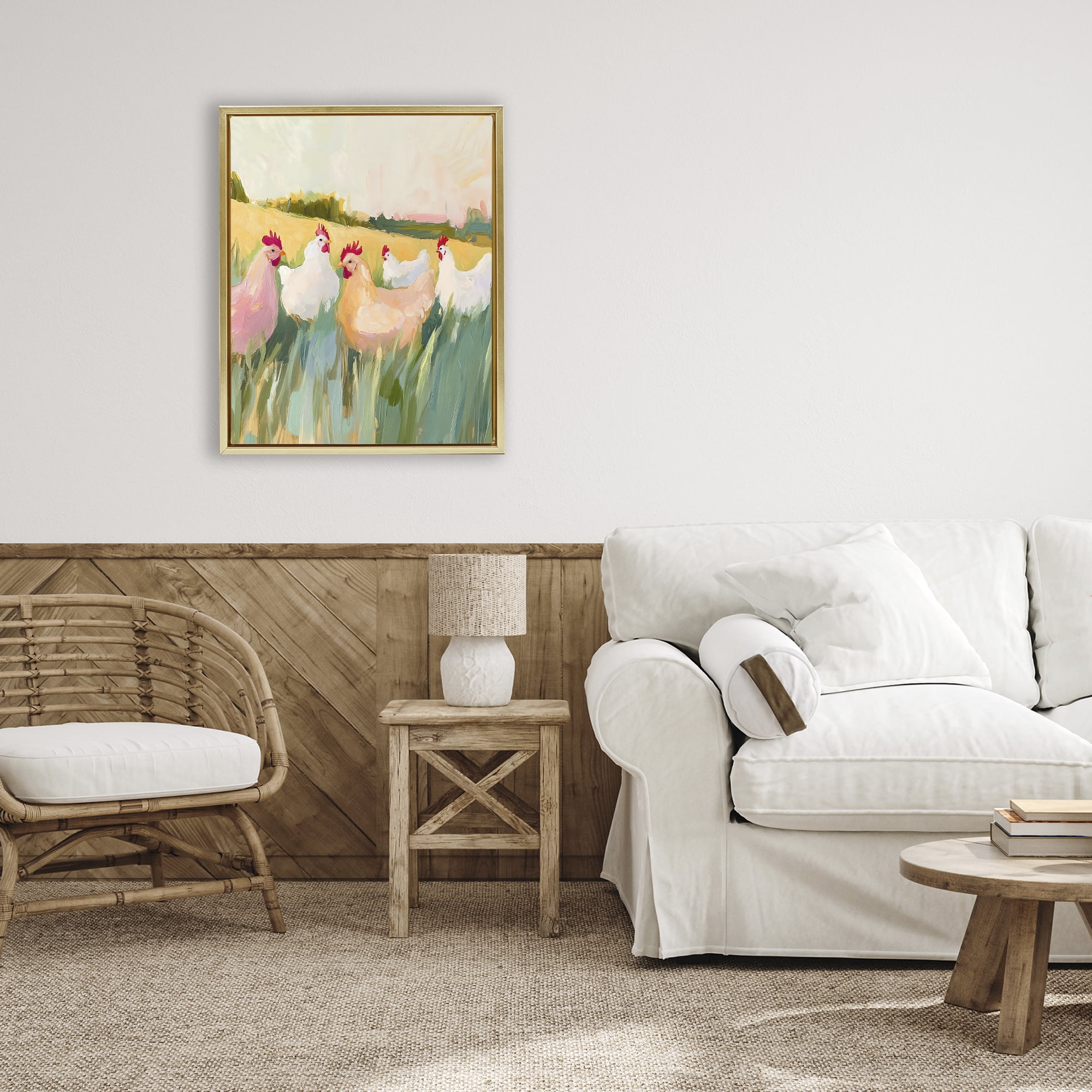Stupell Industries Sunlit Flock of Chickens Gold Framed Floater Canvas Wall Art, design by The Prints Vibe