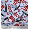 thumbnail image 1 of Soimoi Polyester Crepe Fabric Bus,Telephone Booth & London Clock Tower Architectural Print Fabric by The Yard 52 Inch Wide, 1 of 1