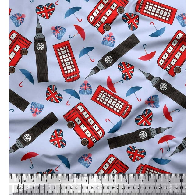 Soimoi Modal Satin Fabric Bus,Telephone Booth & London Clock Tower Architectural Decor Fabric Printed Yard 42 Inch Wide