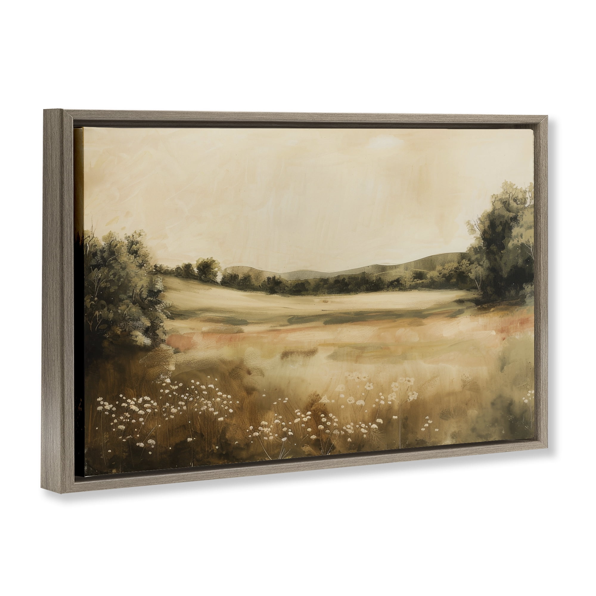 Stupell Industries Neutral Meadow Landscape Landscape & Nature Painting Brown Floater Framed Canvas Art Print Wall Art, 25 x 17