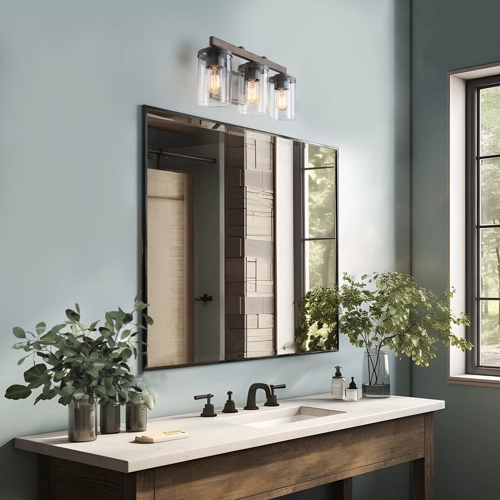 LNC Farmhouse 3-Light Vanity Light with Wood and Glass, 20-Inch Rustic Bathroom Fixture