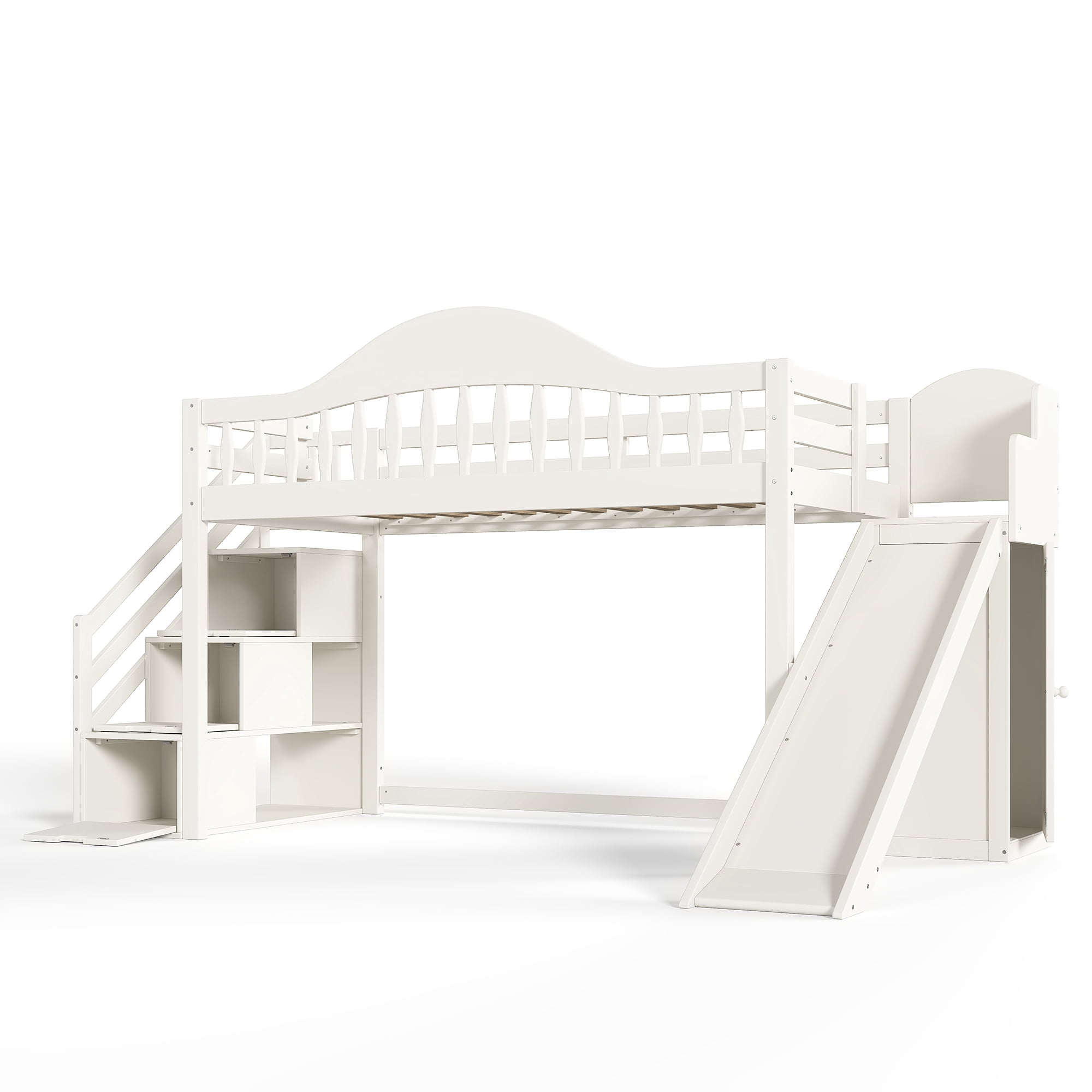 Leumius Twin Size Loft Bed with Storage Stairs, Slide & Built-in Wardrobe,Soild Wood Loft Bed Frame with High Guardrail,Beige