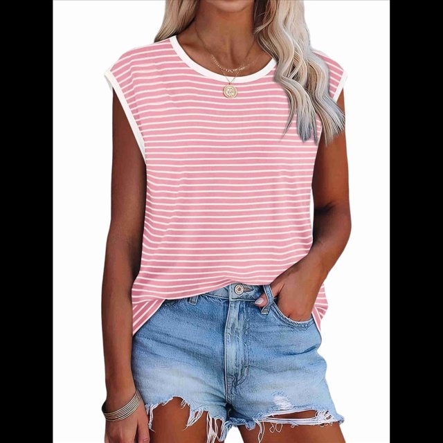 Tops Elegantes e Informales de Verano para Mujer, Camisas A Rayas, Tops de Corta con Bloques de Color, Corte Holgado, Rosa M