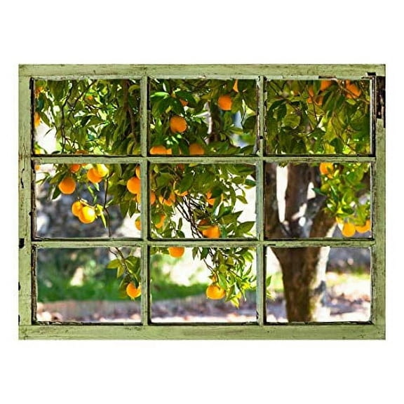Window View Wall Mural - Orange Trees in The Yard - Vintage Style Wall Decor - Peel and Stick Adhesive Vinyl Material - 24x32 inches