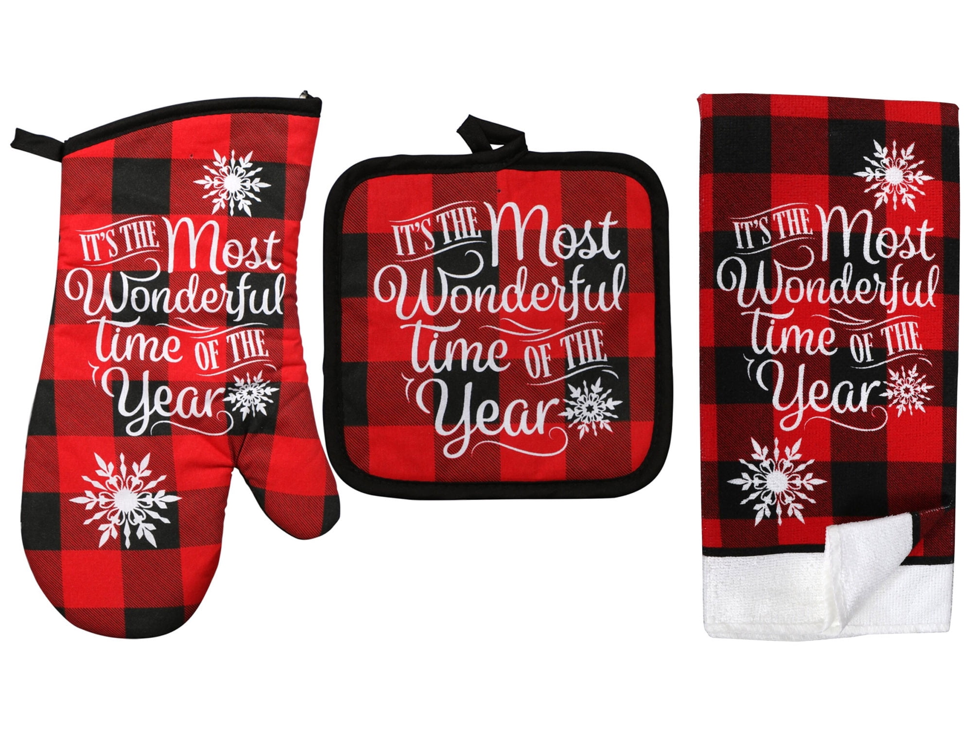 New Christmas Set of 3 KITCHEN TOWELS & OVEN MITT Red Truck Plaid 