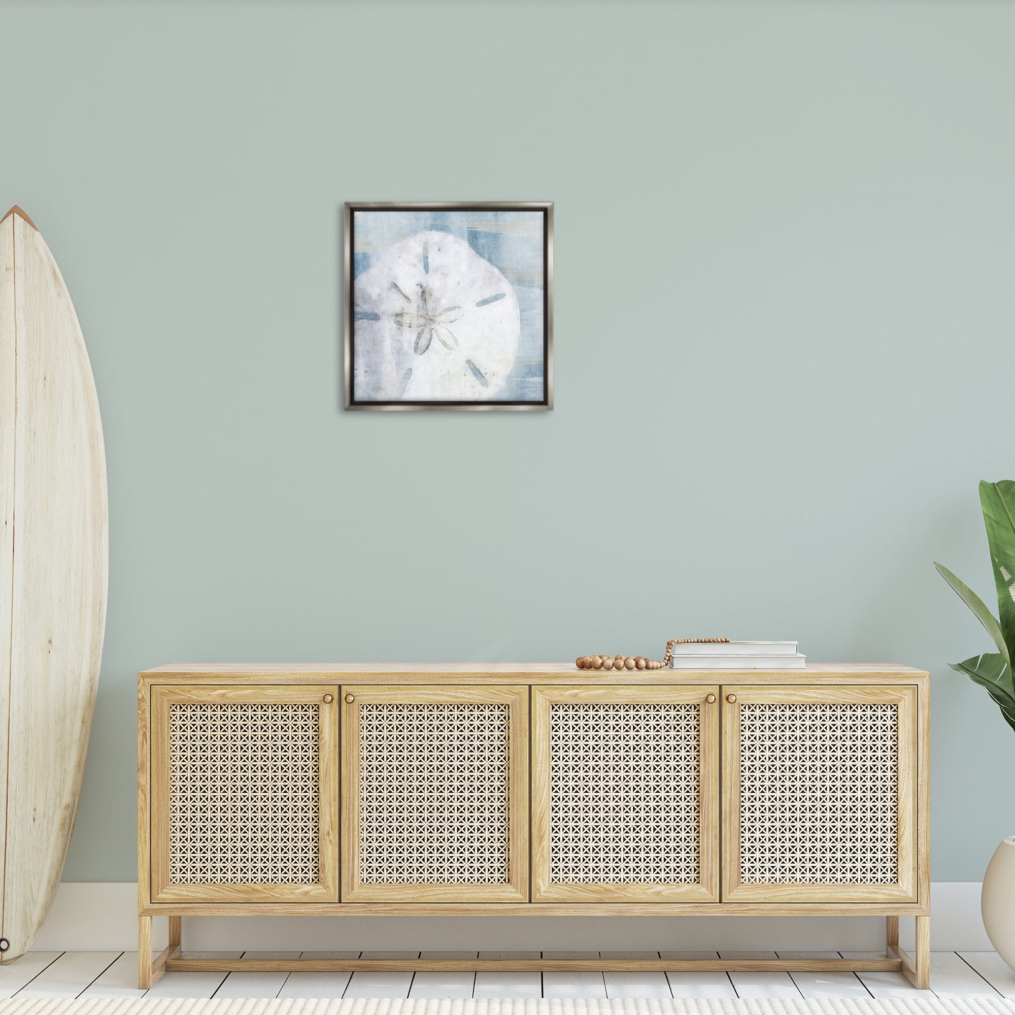 Stupell Industries Pastel Blue Sand Dollar Seashell Nature Painting Gray Floater Framed Canvas Art Print Wall Art, 25 x 25