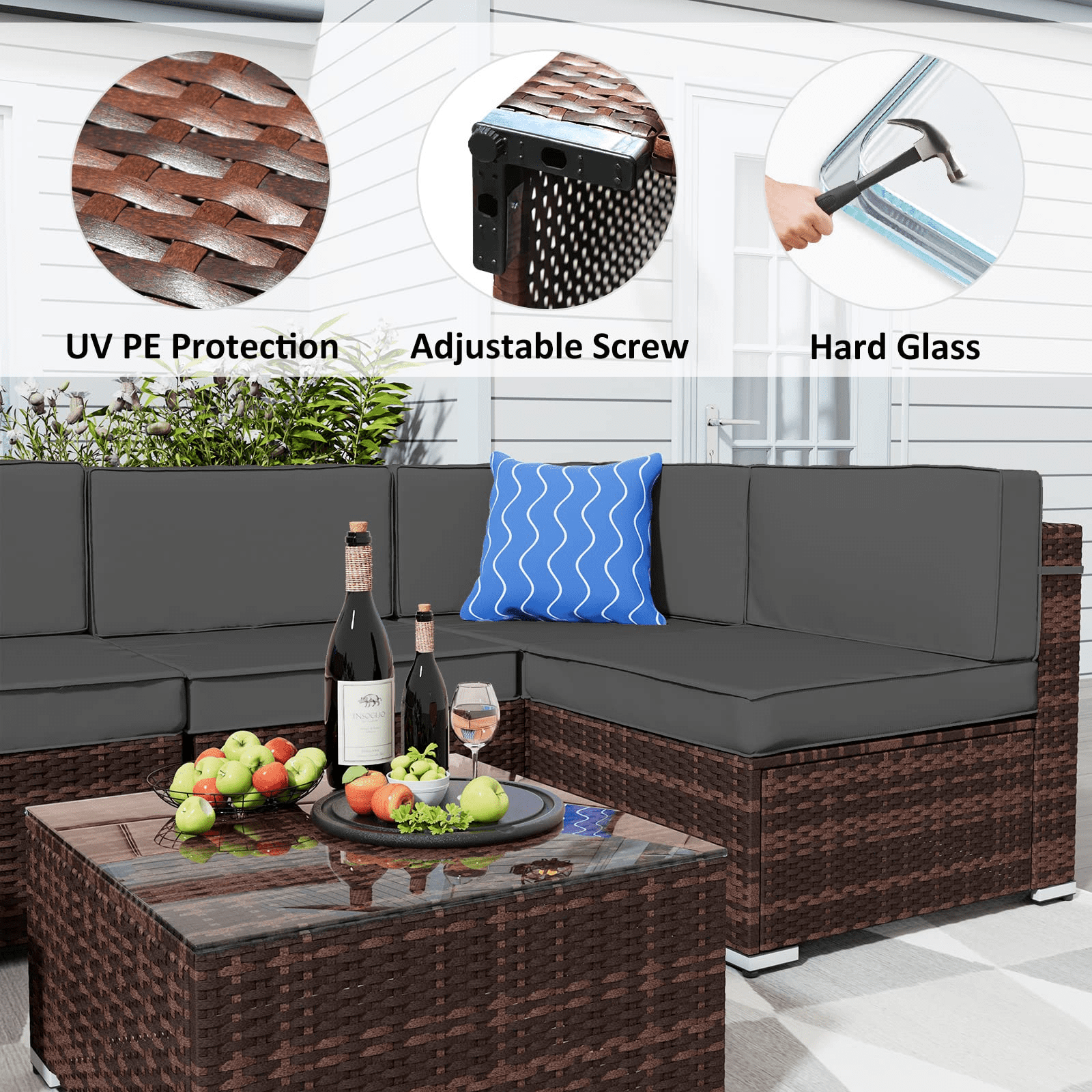 Amopatio 7 Pieces Patio Conversation Set, Outdoor Sectional PE Rattan Wicker Furniture Seat,Grey