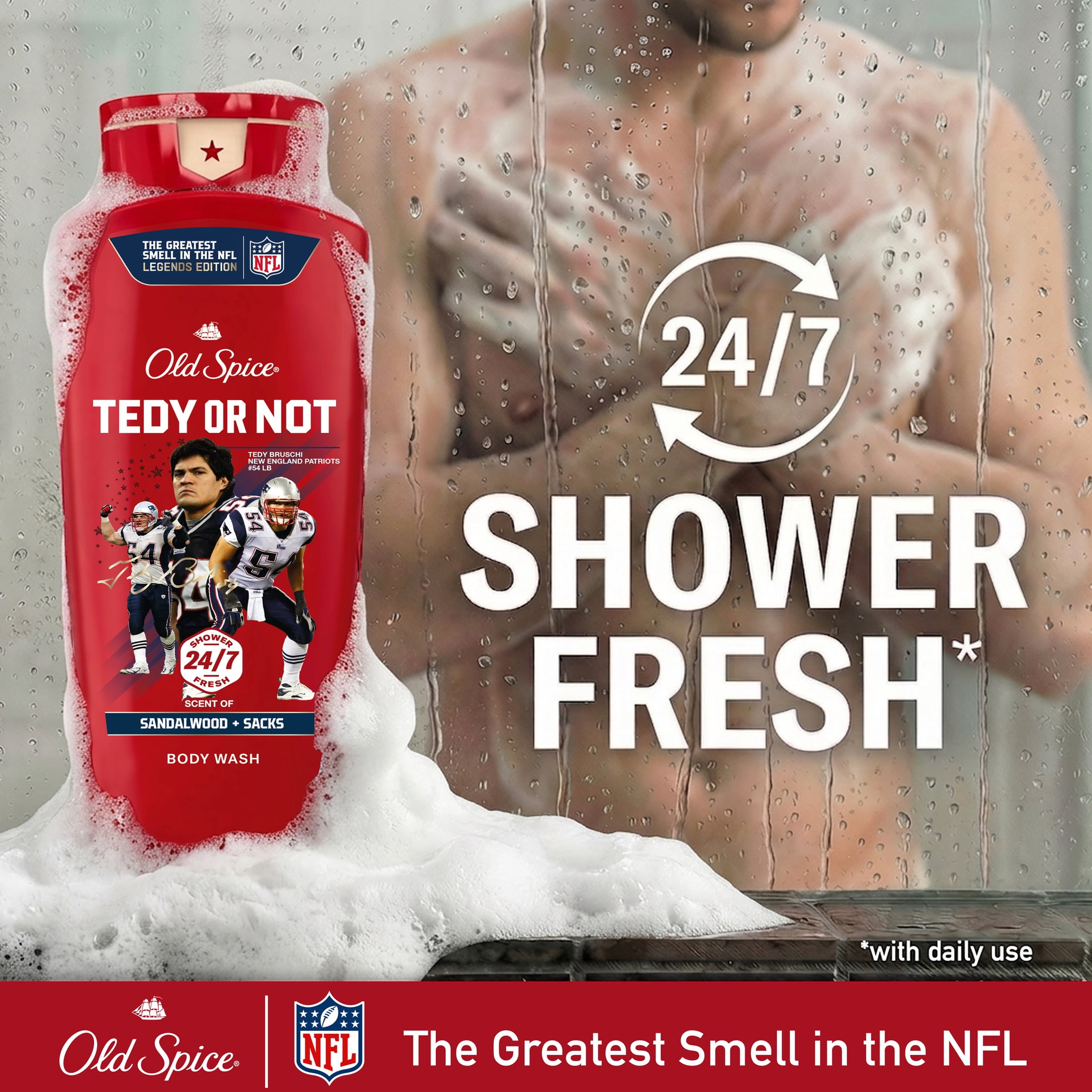 Old Spice Body Wash for Men, NFL Collection, Tedy Bruschi, Scent of Sandalwood + Sacks, 24 fl oz
