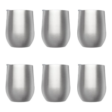 Stemless Wine Glass Tumblers with Lids by Largo 11 oz. Set of 6, Bulk Pack - Perfect for Wine, Cocktails, Other Hot & Cold Beverages - Silver