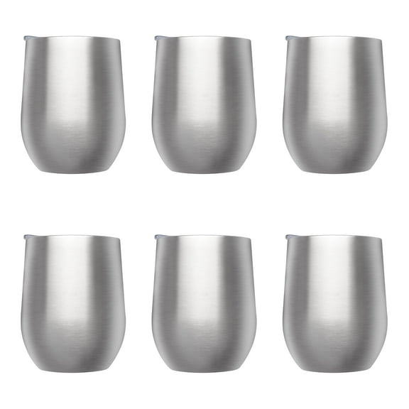 Stemless Wine Glass Tumblers with Lids by Largo 11 oz. Set of 6, Bulk Pack - Perfect for Wine, Cocktails, Other Hot & Cold Beverages - Silver