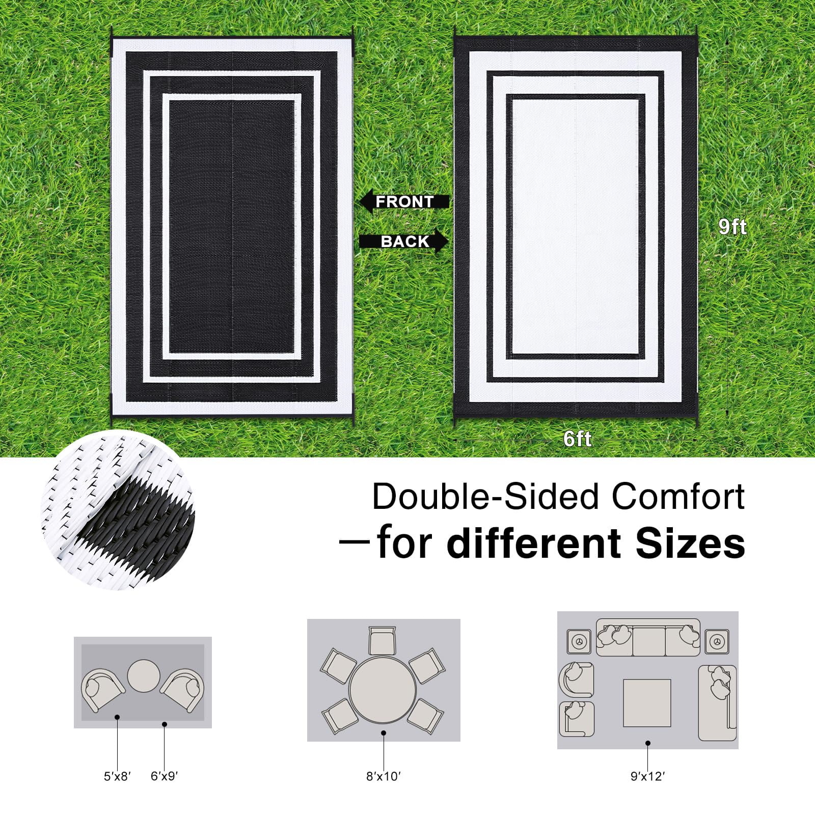 Smiry Outdoor Rugs 6x9, Waterproof Plastic Straw Indoor Outdoor Mat for Patio, RV Camping, Deck,Porch, Black & White