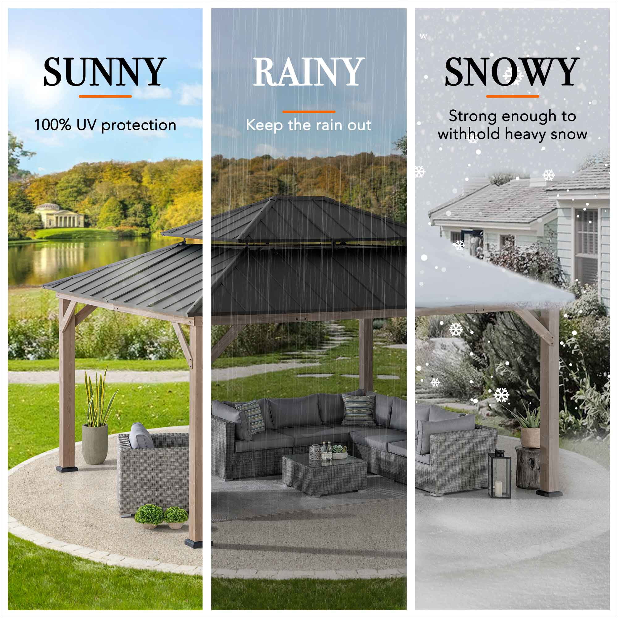 SUNJOY 13 x 15 ft. Wood Gazebo, Outdoor Patio Steel Hardtop Gazebo, Cedar Framed Wooden Gazebo with 2-Tier Metal Roof, Suitable for Patios, Lawn and Backyard, Dark Brown Roof + Dark Wood Frame