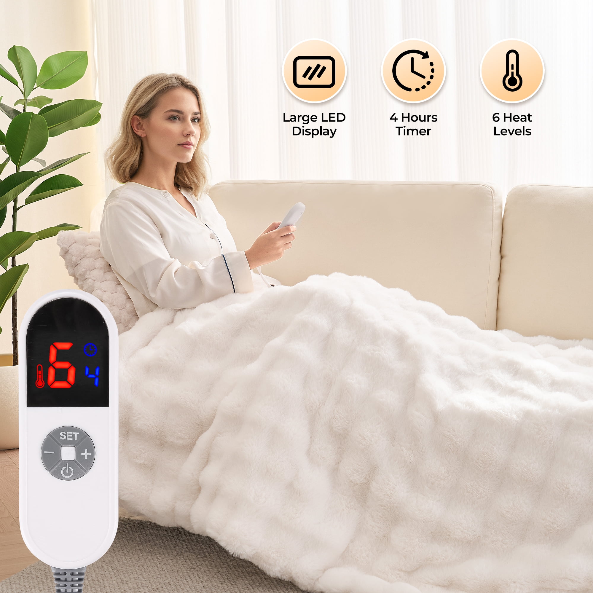 MARNUR Electric Throw Blanket 50"x60", Faux Fur Heated Throw, 6 Heating Levels, 4 Hours Timer - White
