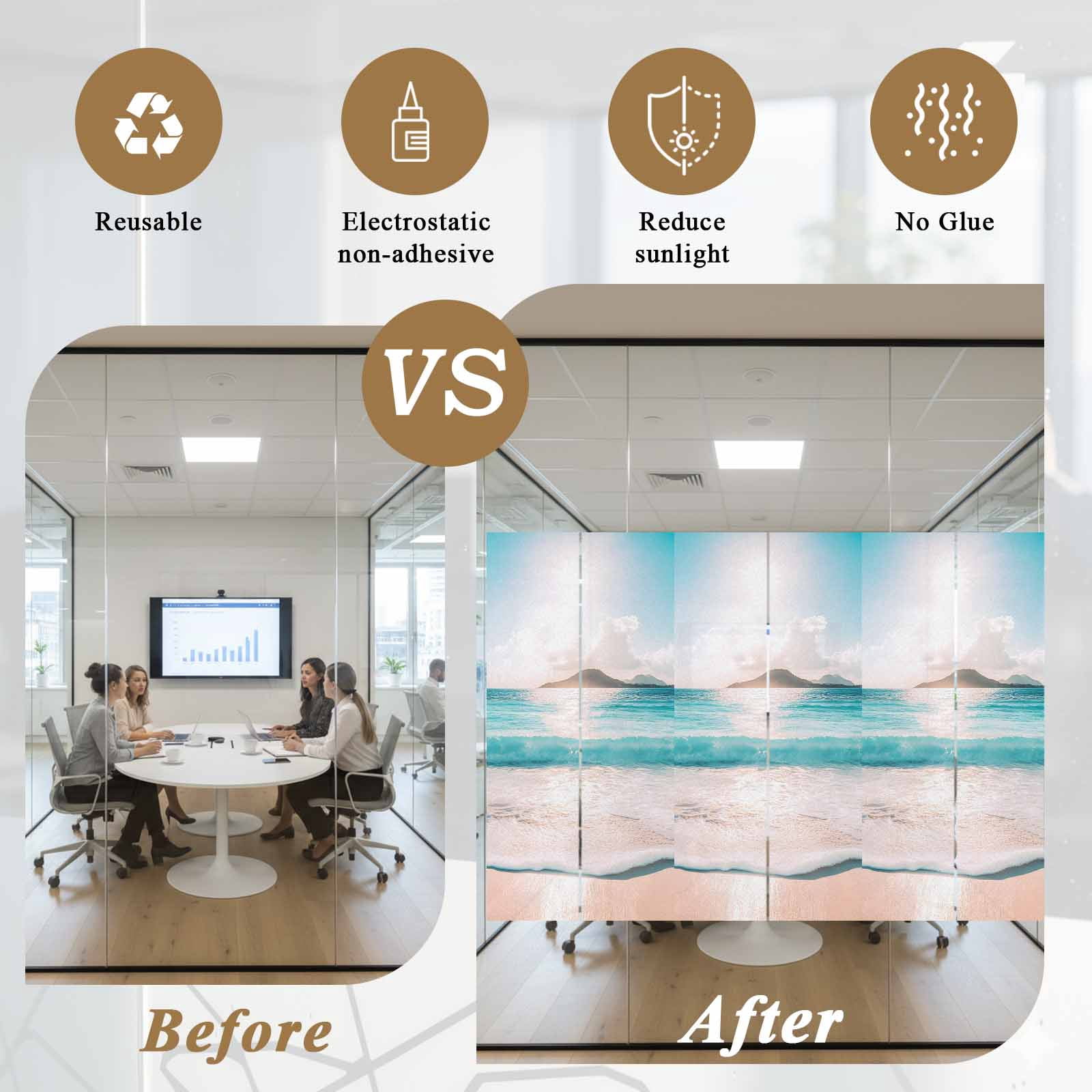Summer Blue Sky Window Privacy Film, Modern Style Ocean Beach Wave Frosted Glass Window Clings Static Cling UV Heat Blocking Reusable Door Sticker for Bathroom 23.6 x 59 Inch