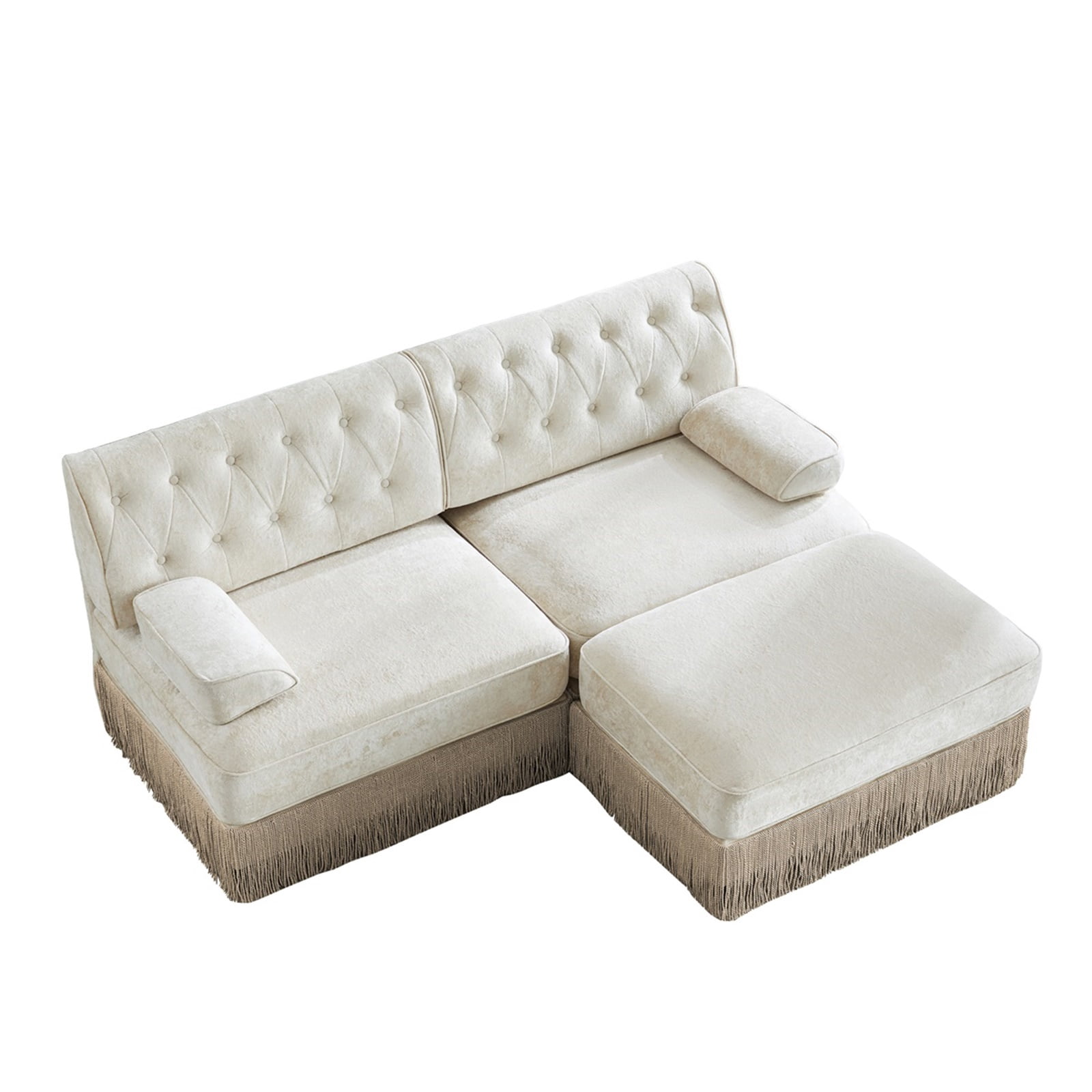 Hommoo 2-Seater Chesterfield Style Velvet Fabric L-Shaped Sectional Sofa, Tufted Button Upholstered Design and Floor-grazing Tassel, Free Combination Sofa Couch Set, for Home, Beige