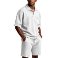thumbnail image 3 of Men's 2 Piece Waffle Knit Quarter Button Shirt & Loose Shorts Set Soft Summer Vacation Beach Resort Track Outfits White XL, 3 of 7