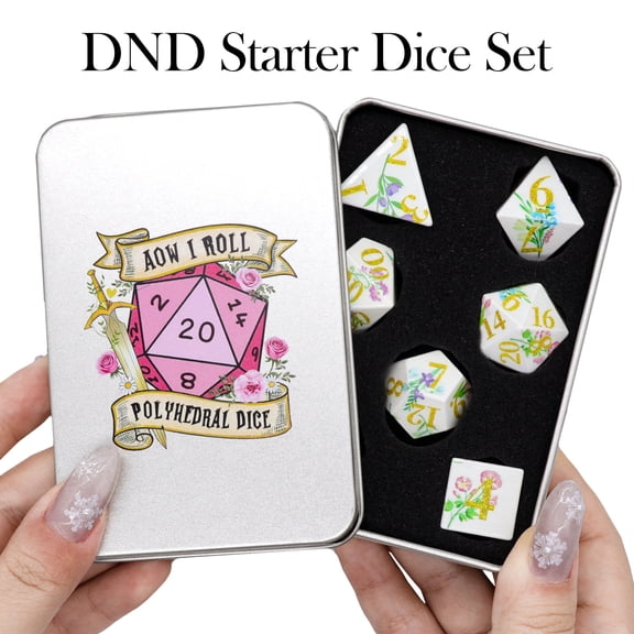 SWAJUJA DND Dice Set, 7 Piece Sharp Edge Polyhedral Dice with Metal Box, Floral Theme Design for Dungeons and Dragons