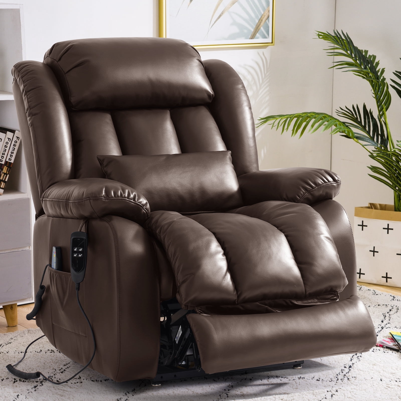 INGALIK Power Lift Recliner Chair Dual Motor, Infinite Position Lay Flat Recliners for Adult & Elderly with Heat & Massage, Large, Type-C Charge, Lumbar Pillow for Living Room, Leather (Brown)