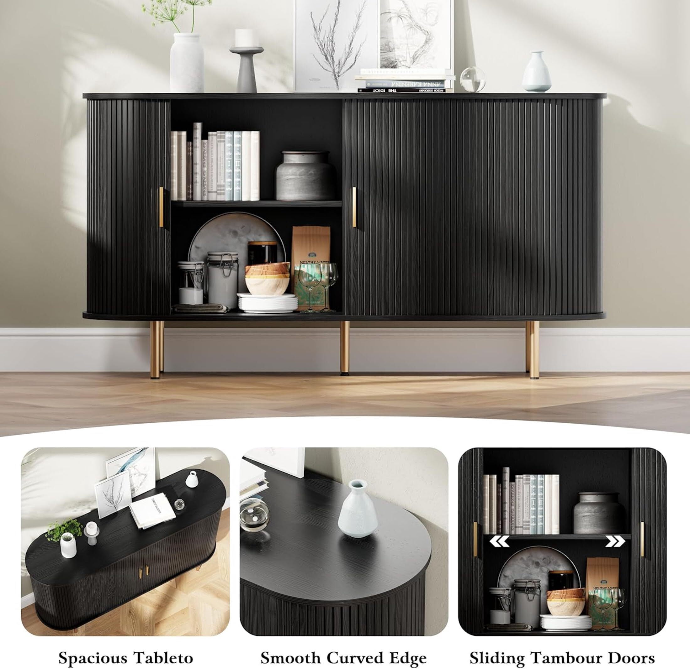 Aisword Sideboard Buffet Cabinet with Storage,Mid Century Modern Fluted Accent Coffee Bar Console Table,Tambour Sliding Doors& Adjustable Shelf for Kitchen, Living Room, Entryway, 55 Inch Black