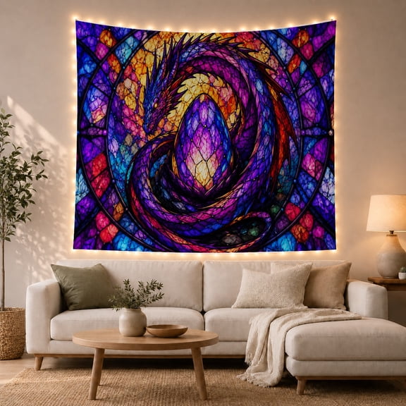 Dragon in Stained Glass Rose Window Mosaic, Mystical Fantasy for Art Lovers, Dragon Wall Art, Birthday Gift Tapestry Wall Hanging for Bedroom, Living Room and Dorm
