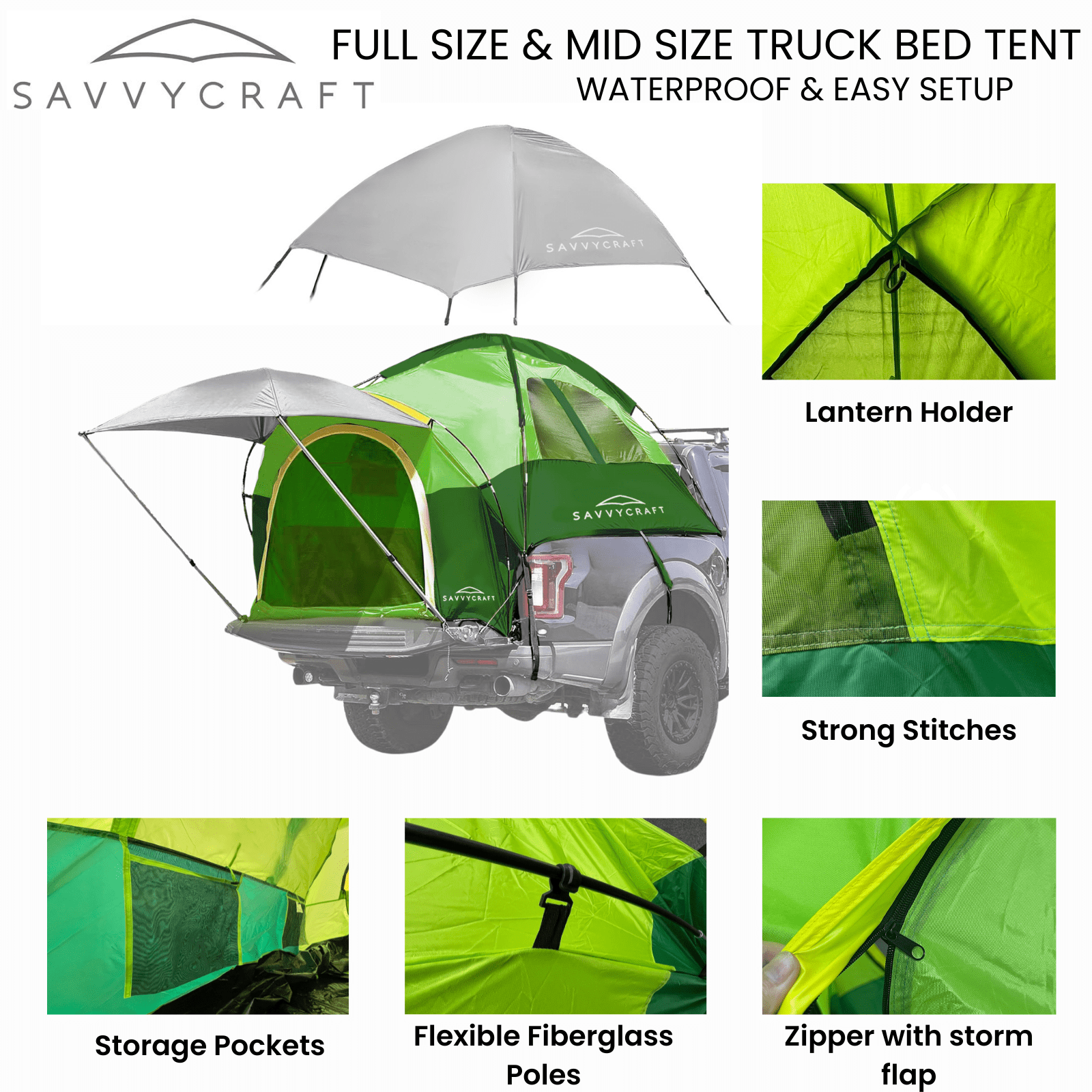 Savvycraft Pickup Truck Tent for Full Size Truck 8.0'-8.2' Long Bed, Waterproof P3000mm 2-Person Double Layer Truck Bed Tent Camping Tent, Expandable Awning, Rainfly, Storage Bag Included Green