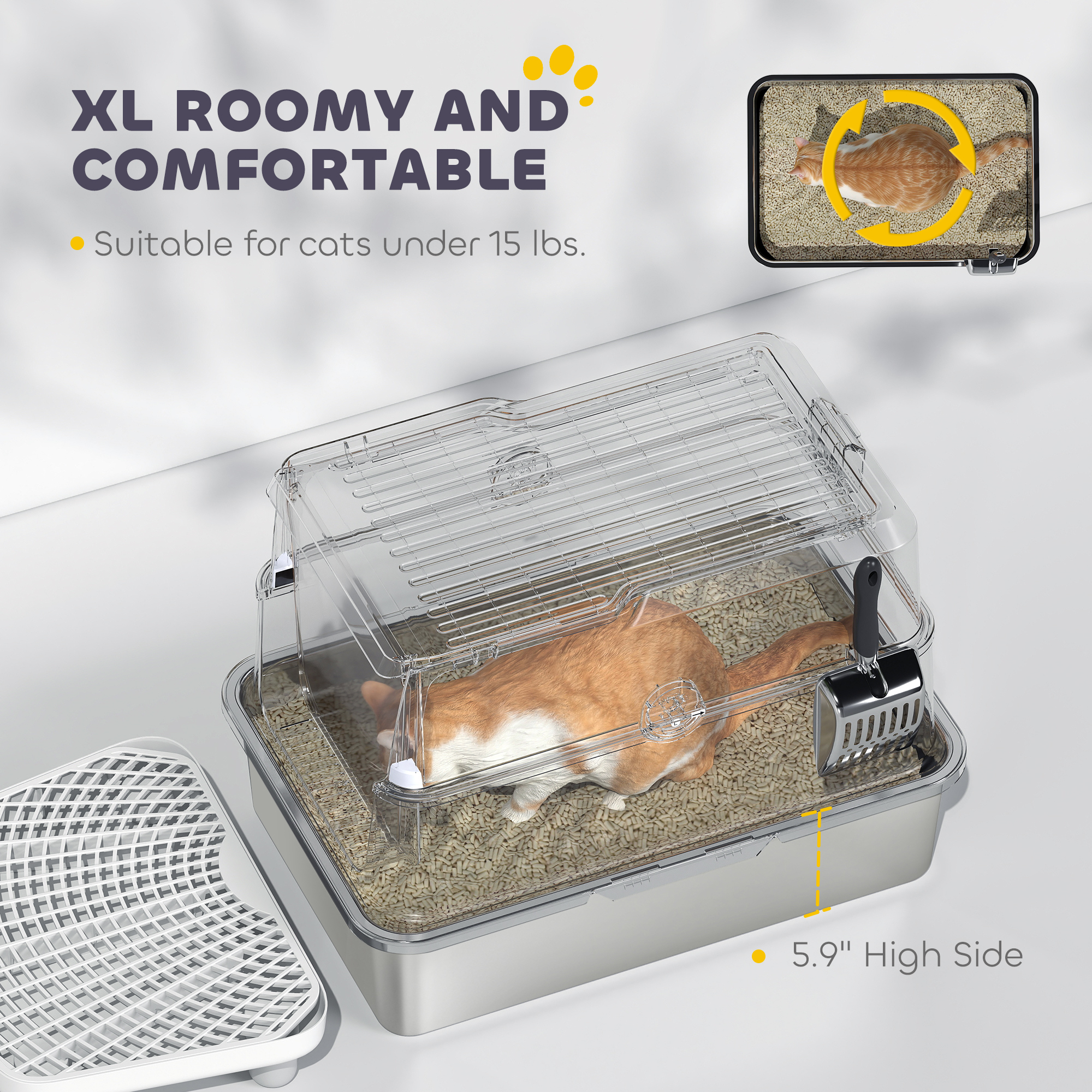 PawHut Stainless Steel Cat Litter Box with Lid, Extra Large Enclosed Metal Litter Box for Big Cats, Flip Cover, High-Sided Enclosure & Scoop