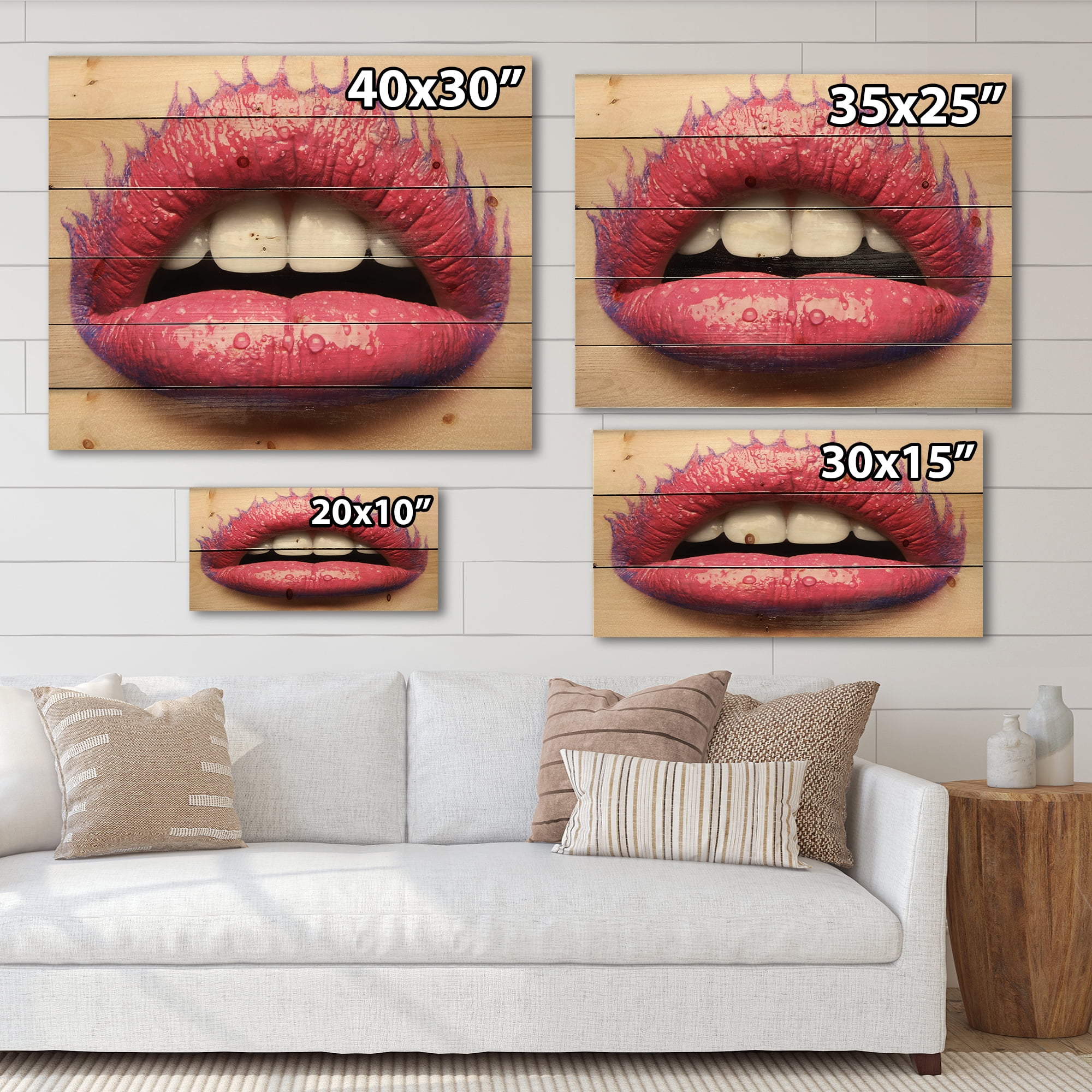 Designart 'Beautiful Woman Lips With Pink Lipstick' Modern Print on Natural Pine Wood