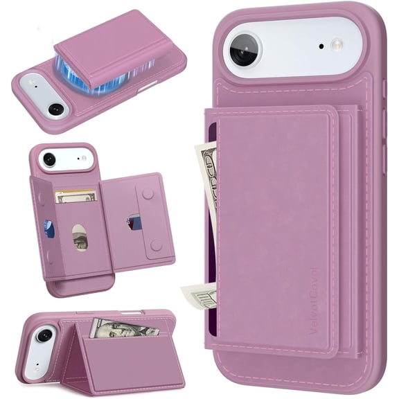 MKEUDQ-Compatible with Magsafe 2 in 1 Detachable iPhone Air Wallet Case with Card Holder, Women Men 3 Credit Card Slots Magnetic PU Leather RFID Blocking Flip Kickstand, for Apple 17 Air, Cherry Pink