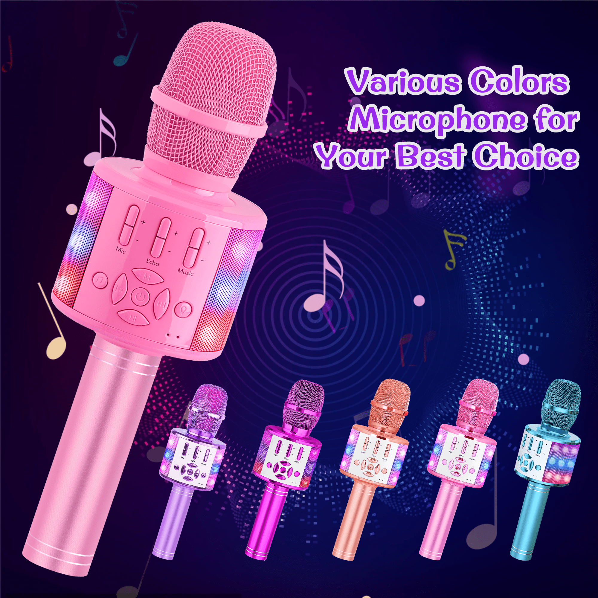 Bonaok Bluetooth Wireless Karaoke Microphone, Portable Handheld Karaoke Machine with LED Lights, Bluetooth Microphone Speaker Singing Gift for Kids Adults(Pink)