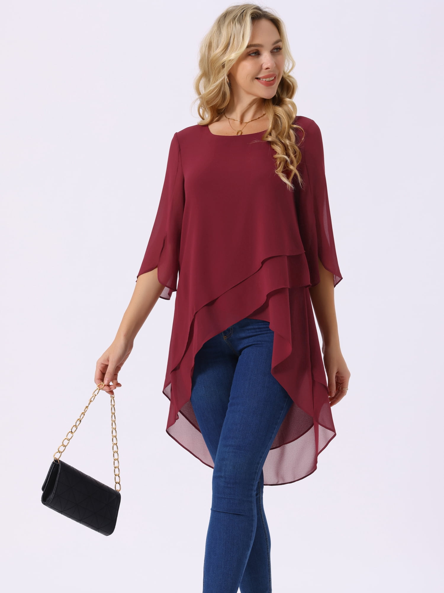 DARING DIVA Women's 3/4 Sleeve High Low Hem Scoop Neck Chiffon Blouses S Wine Red