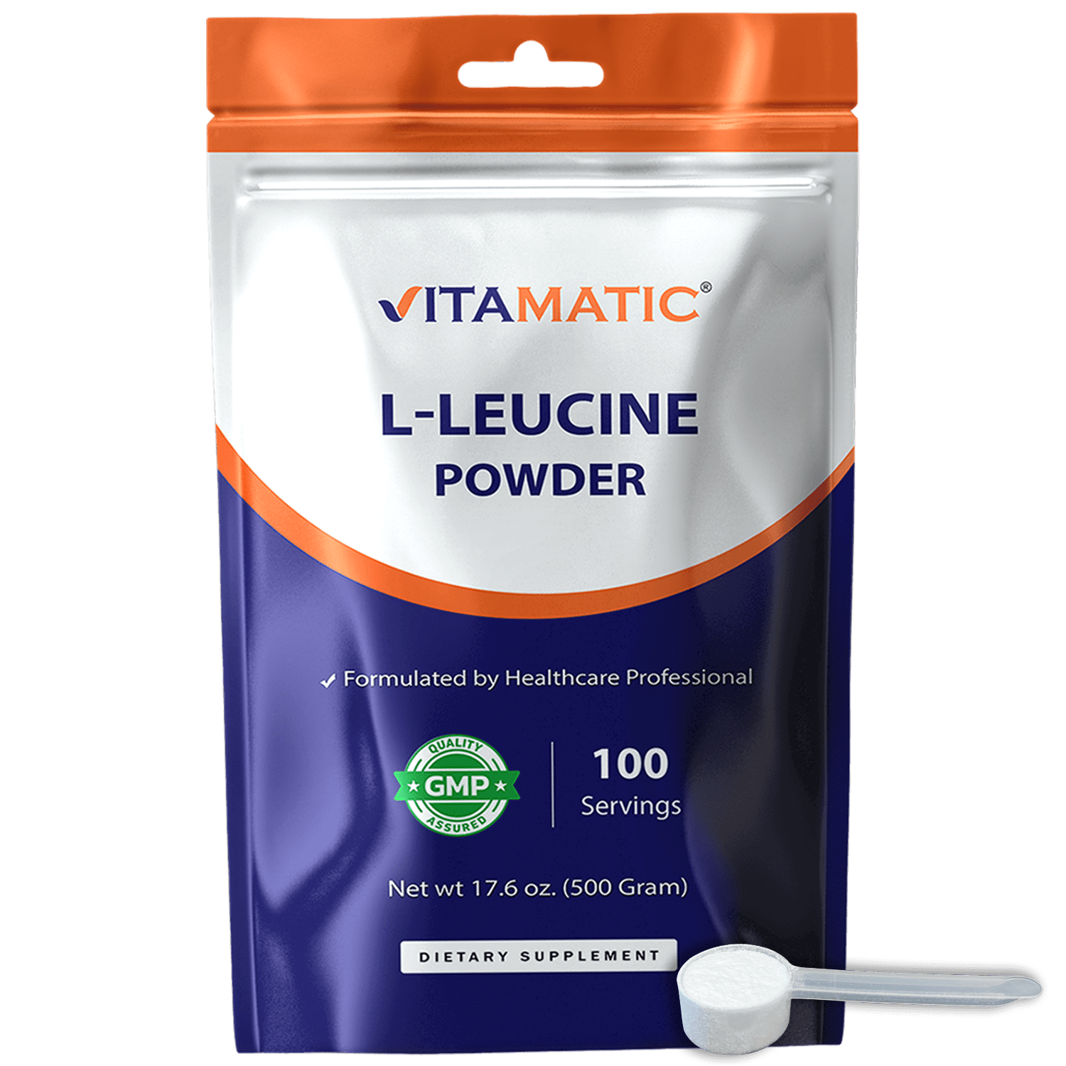Vitamatic L-Leucine Powder 500g (17.6 oz), 5g Per Serving, Pure Amino Acid Supplement, Unflavored, Non-GMO, Gluten Free, Supports Muscle Recovery & Protein Synthesis, 100 Servings