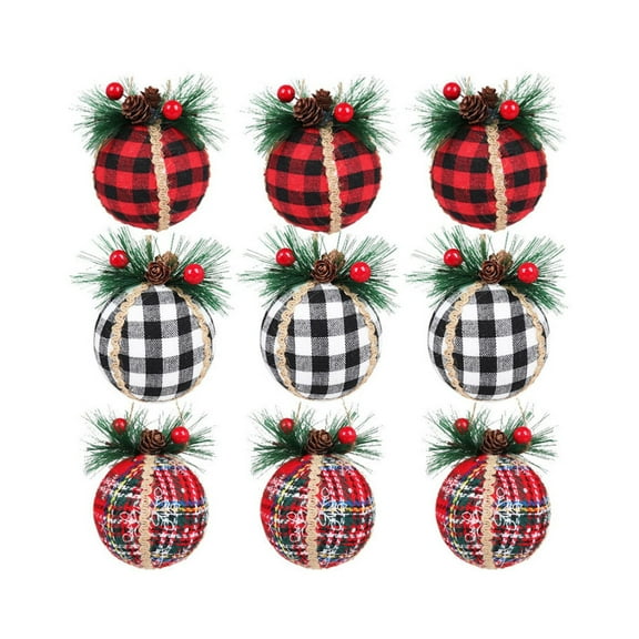 9PCS Christmas Plaid Ornaments for Home Holiday Party Decoration Featuring 3 Inch Plaid Fabric and Berries Tree Hanging