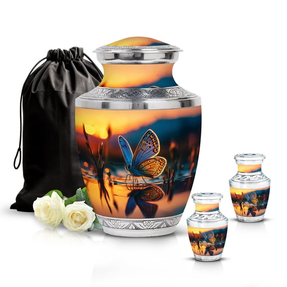 SABURIAL Butterfly Urn - Tribute Urn for Adult - Unique Miniature Burial Cremation Urns to Honor Dad & Mom - Keepsake Funeral Urns for Human Ashes - Combo - 10 Inch Large & 3 Inch