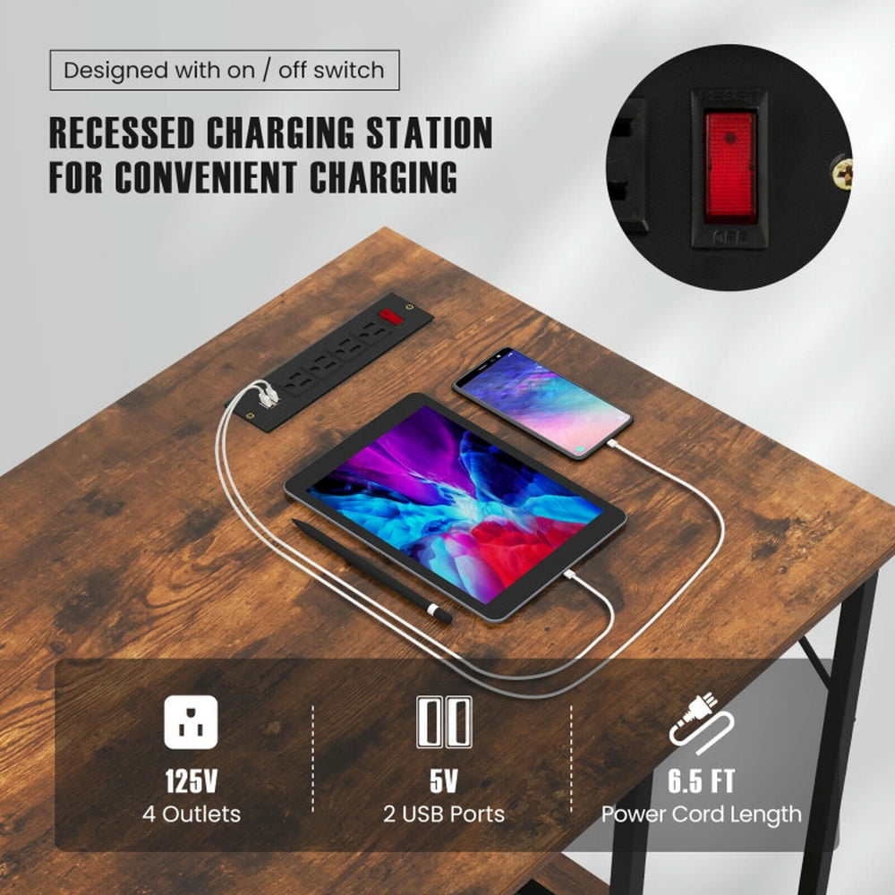 Demi Bonn 55" Computer Desk with Charging Station, Small Home Office Desk Study Writing Table, Brown