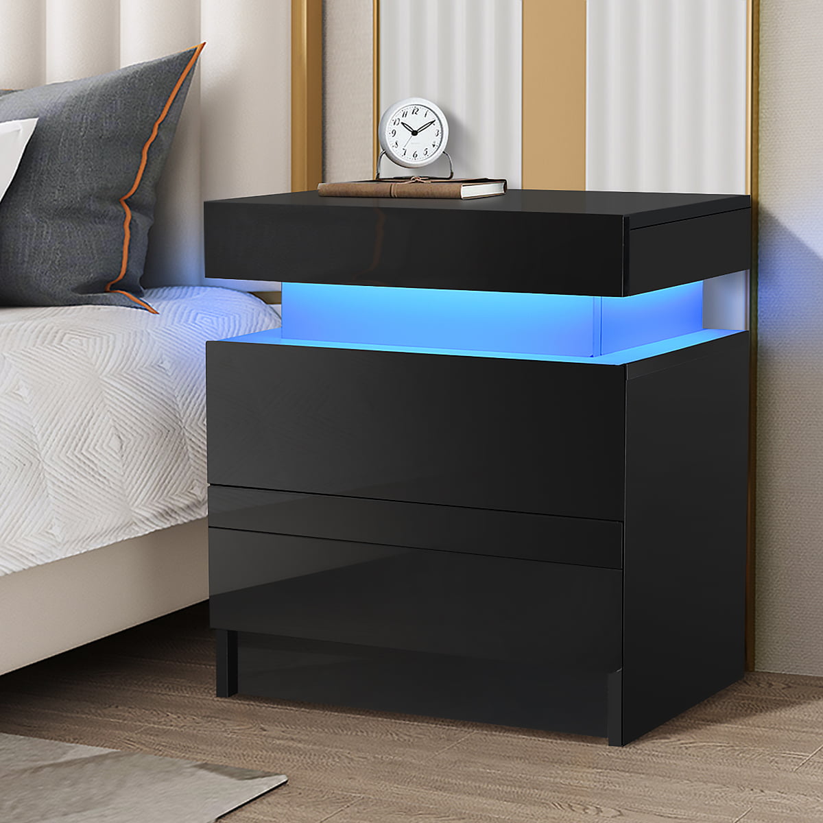 Details about   2 Drawer High Gloss Nightstand with RGB LED Black Modern Bedside End Table Remot 