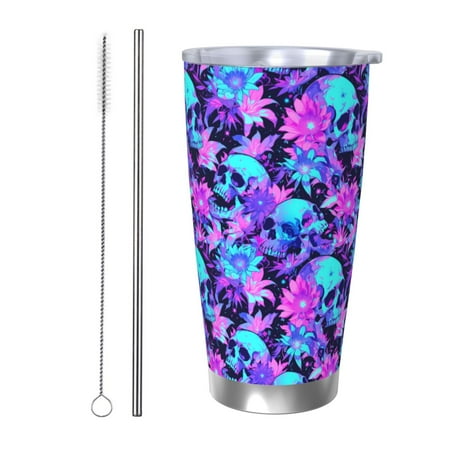 

Lukts Flower Happy Skull for 20OZ Car Cup Stainless Steel Direct Drinking Straw Thermos Cup Suitable for Office Travel and Car-Straw Two-piece Set