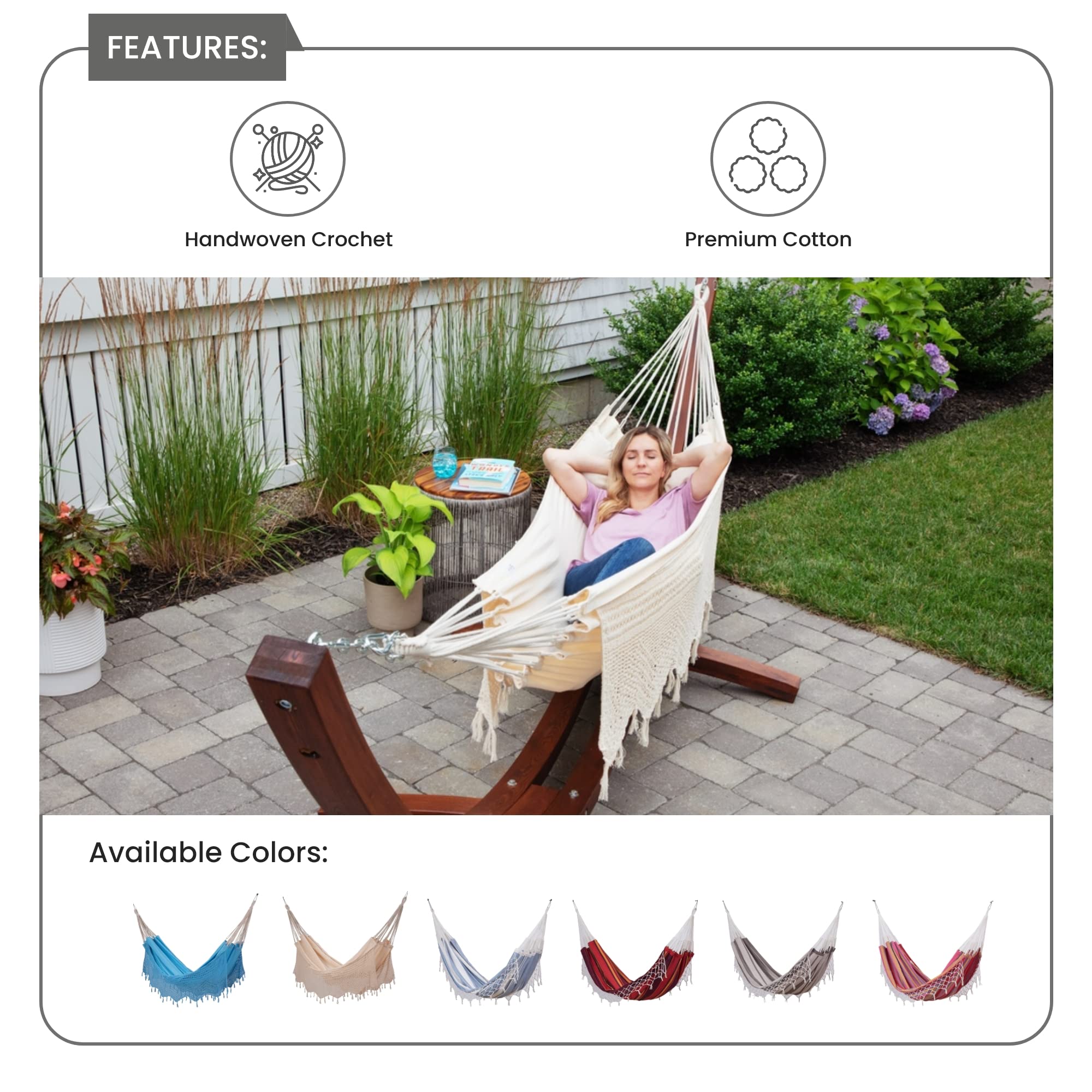 Sol Living Bahia Brazilian Patio Hammock Crochet Cotton Hammock Single Hammock for One Person Outdoor Patio Swing Chair Hand Woven Mayan Hammock Use Inside Outside Backyard Decor Porch Swing - Natural