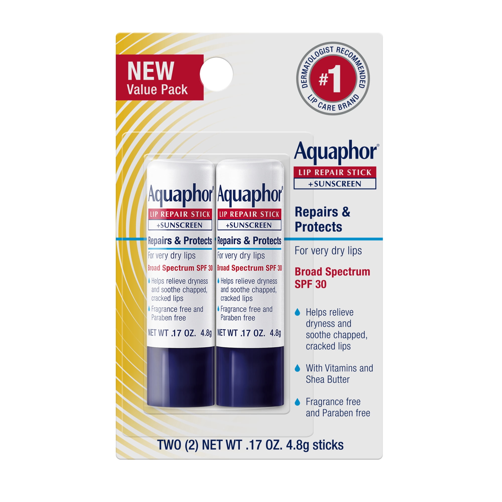 Aquaphor Lip Repair & Protect SPF 30 Stick Dual Pack 0.34oz (Pack of 2 sticks)