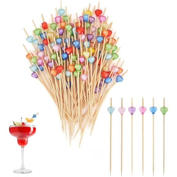 200 Pieces Double-Layer Crystal Heart Bamboo Cocktail Picks, 4.7 Inch Cute Toothpicks for Appetizers, Colorful Food Picks Skewers for Valentines Christmas Wedding Birthday Party Decoration