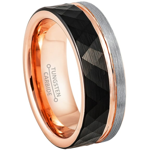 Jewelry Avalanche 3-Tone Faceted Black & Rose Gold Pipe Cut Tungsten Wedding Band for Men, 8MM, size 10