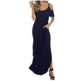 thumbnail image 2 of Wycnly Womens Dresses Short Sleeve Round Neck Solid Casaul Maxi Summer Dress Beach Cold Shoulder Loose Pocket Side Slit Long Dresses Navy S Clothes, 2 of 7