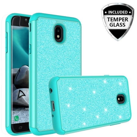 For Tracfone For Samsung Galaxy J7 Crown (S767VL) Case Case w/[Tempered Glass Screen Protector] Glitter Sparkle Shiny Bling Shock Proof Dual Layer Case Cover - Mint