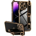 thumbnail image 6 of Designed for iPhone 14 Pro Max 6.7 inch Case,Luxury Plating Edge Love Hearts Pattern with Wristband Kickstand Camera Lens Protection,Soft Shockproof Cover for Girls Women,Black, 6 of 11
