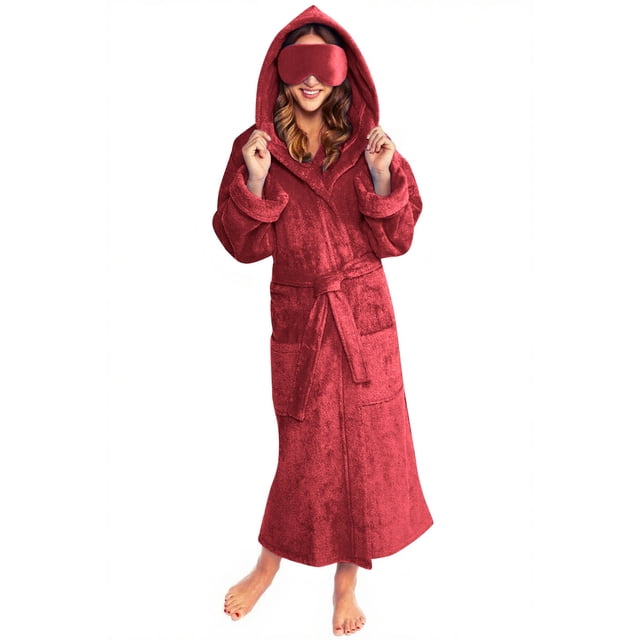 Women's Plush Fleece Hooded Bathrobe, Long Length Spa Robe with Pockets and Matching Sleep Mask, Soft Warm Loungewear, Cozy Adjustable Belt Robe Set Red M