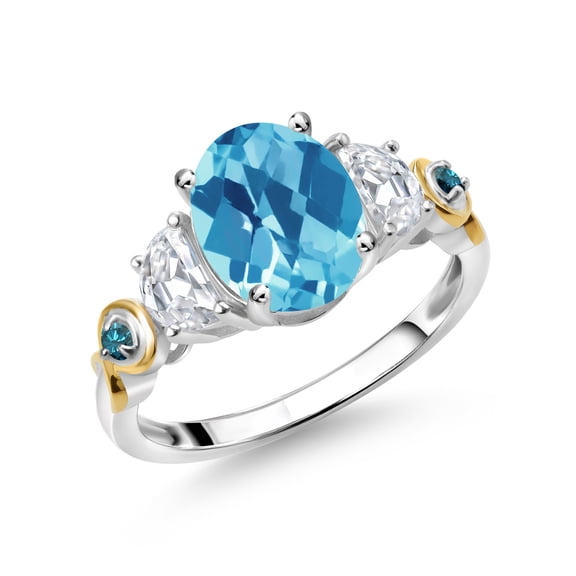 Gem Stone King 925 Silver and 10K Yellow Gold 3-Stone Ring Oval Checkerboard Swiss Blue Topaz and Moissanite (2.76 Cttw, Size 7)