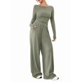thumbnail image 2 of Women'S 2 Piece Matching Lounge Set Long Sleeve Boat Neck Top Wide Leg Pants Casual Sweatsuit Bean Green M, 2 of 9