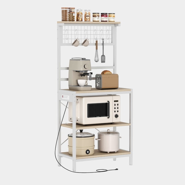 Bakers Rack – Power Outlet & Microwave Stand – 4 Tier Coffee Bar Station – 6 Hooks – Adjustable Feet & Shelves – Spices, Pots & Pans – Kitchen Storage