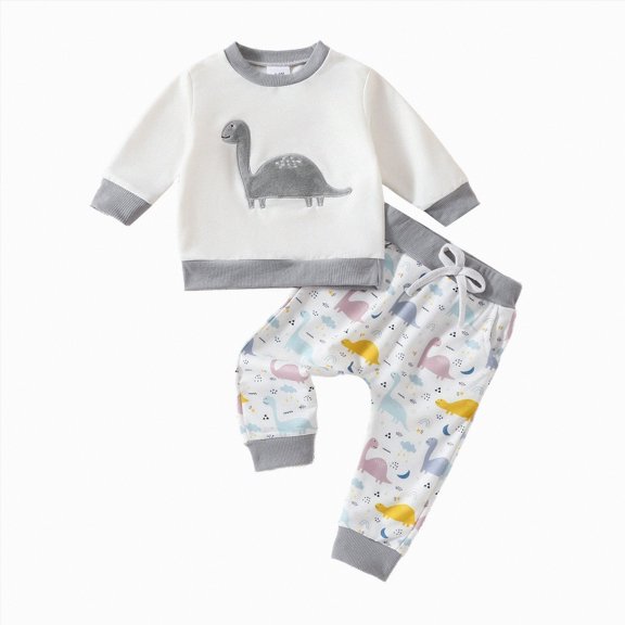 Baby Clothes Boy Girl Fall/Winter Dinosaur Print Long Sleeve Elastic Waist 3M 6M 12M 18M 24M 2T 3T Everyday Outfit Set 2Pcs